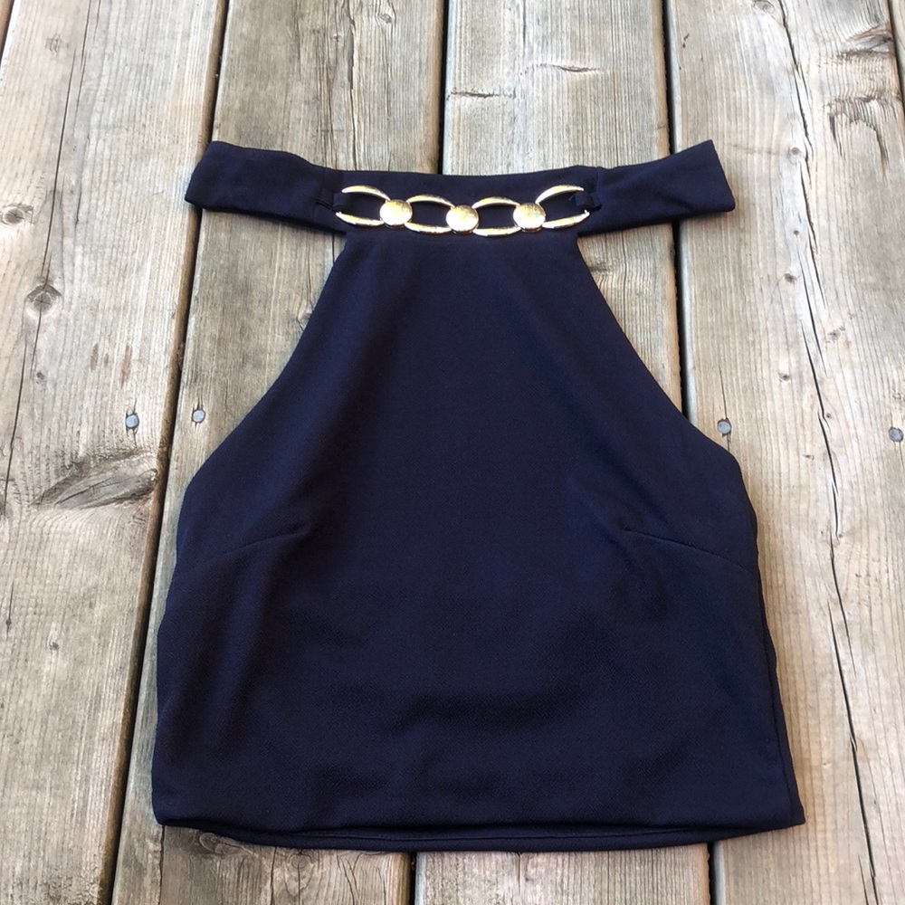 High Neck Navy Blue Party Top w/ Built in Gold Necklace SIRENS (Size S)